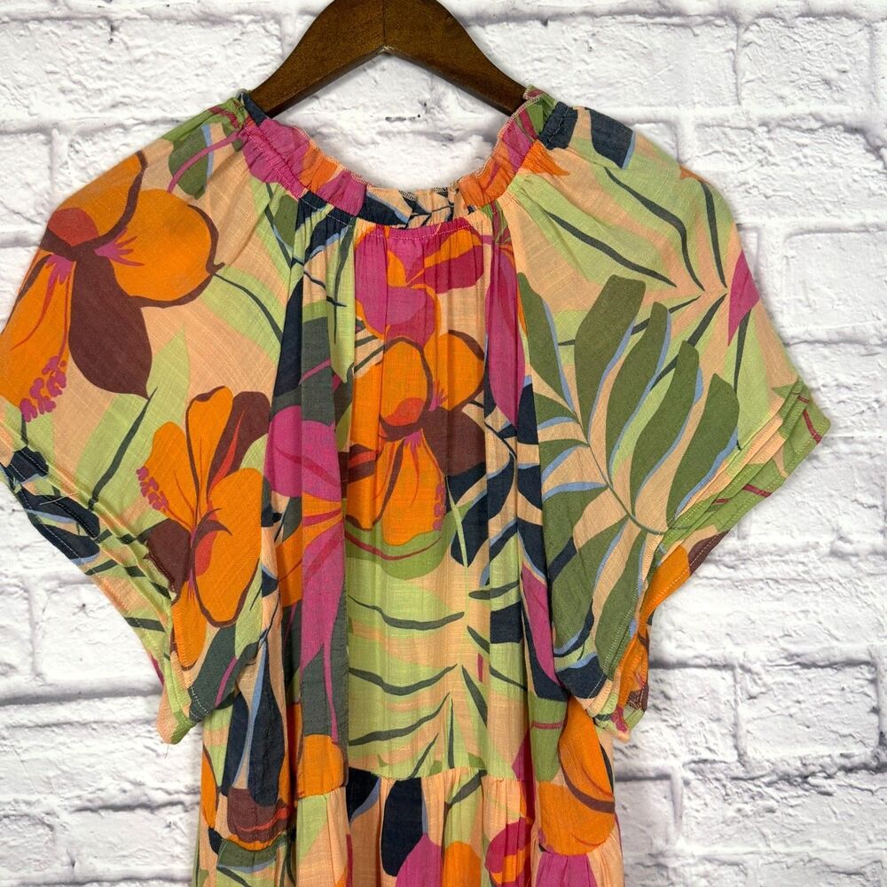 Sharagano Tropical Print Midi Dress Womens PL Short Sleeve Tiered Boho Vacation - Picture 5 of 12